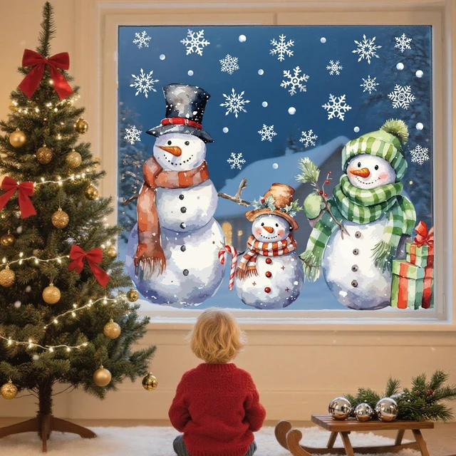 Alt view image 7 of 7 - 3 Sheets Christmas Window Clings Extra Large Snowman Window Decals Xmas Snowflake Double-Sided Windows Stickers Watercolor Christmas Windows Decorations for Xmas Holiday Party Home Office Glass Decor