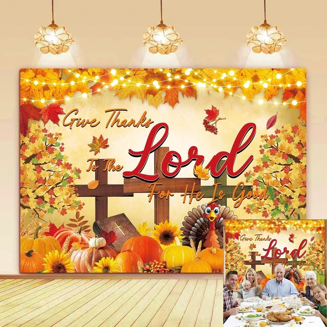 Main image of Thanksgiving Christian Backdrop Give Thanks to The Lord Autumn Maple Leaves Pumpkins Cross Background Jesus Religious Fall Harvest Friendsgiving Family Party Decorations Banner Photo Props (8x6FT)