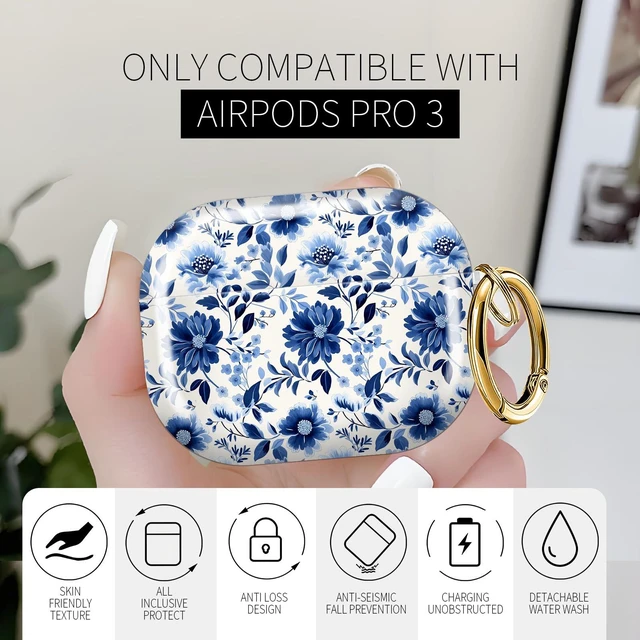 Alt view image 3 of 6 - for AirPods Pro 3 Case 2025 Cute Patterns Soft TPU Cover-Blue Flowers Compatible with AirPod Pro 3rd Generation Shell with Rose Gold Keychain for Women Men- Shockproof Scratch & Dust Resistant