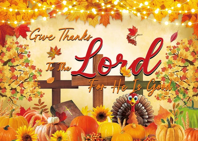 Alt view image 2 of 7 - Thanksgiving Christian Backdrop Give Thanks to The Lord Autumn Maple Leaves Pumpkins Cross Background Jesus Religious Fall Harvest Friendsgiving Family Party Decorations Banner Photo Props (8x6FT)