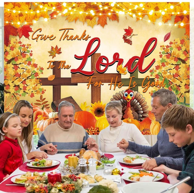 Alt view image 4 of 7 - Thanksgiving Christian Backdrop Give Thanks to The Lord Autumn Maple Leaves Pumpkins Cross Background Jesus Religious Fall Harvest Friendsgiving Family Party Decorations Banner Photo Props (8x6FT)