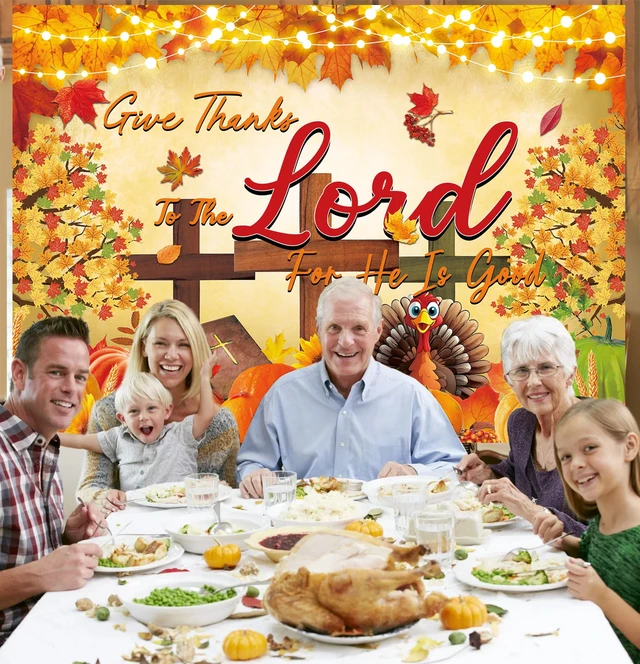 Alt view image 5 of 7 - Thanksgiving Christian Backdrop Give Thanks to The Lord Autumn Maple Leaves Pumpkins Cross Background Jesus Religious Fall Harvest Friendsgiving Family Party Decorations Banner Photo Props (8x6FT)