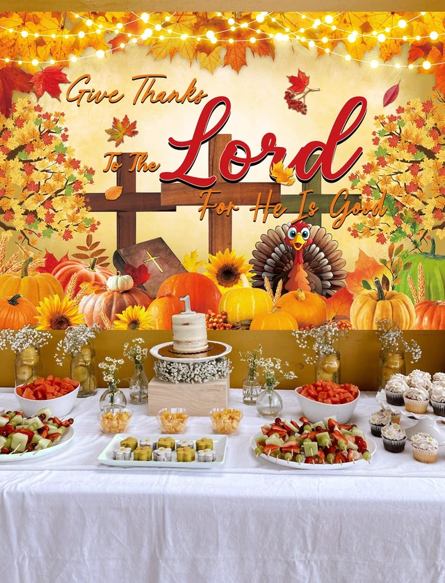 Alt view image 6 of 7 - Thanksgiving Christian Backdrop Give Thanks to The Lord Autumn Maple Leaves Pumpkins Cross Background Jesus Religious Fall Harvest Friendsgiving Family Party Decorations Banner Photo Props (8x6FT)