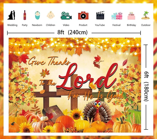 Alt view image 7 of 7 - Thanksgiving Christian Backdrop Give Thanks to The Lord Autumn Maple Leaves Pumpkins Cross Background Jesus Religious Fall Harvest Friendsgiving Family Party Decorations Banner Photo Props (8x6FT)