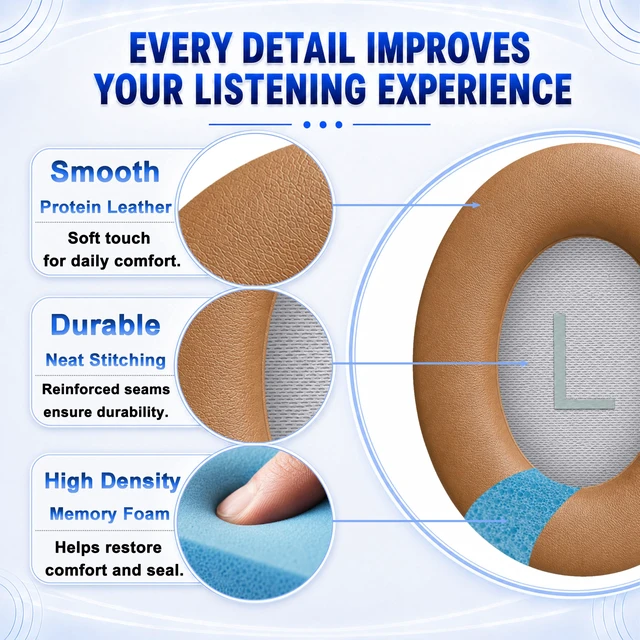 Alt view image 5 of 7 - Replacement Ear Pads for Bose NC700 Wireless Headphones-Black (Brown) Extra-Thick and Durable Cushion, Soft Protein Leather and Slow-rebound Memory Foam for Long-Lasting Comfort, Easy to Replace