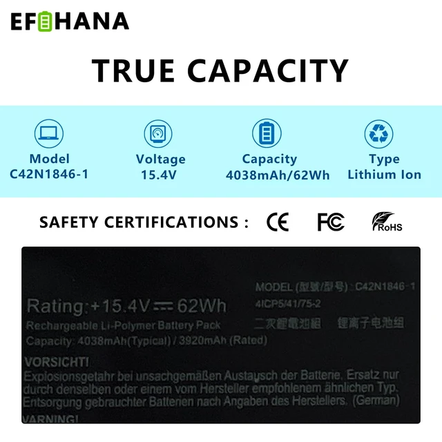 Alt view image 2 of 7 - C42N1846-1 C42N1846 Laptop Battery Replacement for Asus ZenBook Pro Duo UX581GV UX581LV UX581GV-XB74T UX581GV-H2001T UX581GV-H2001R UX581LV-H2002R Series 0B200-03490000 15.4V 62Wh 4038mAh