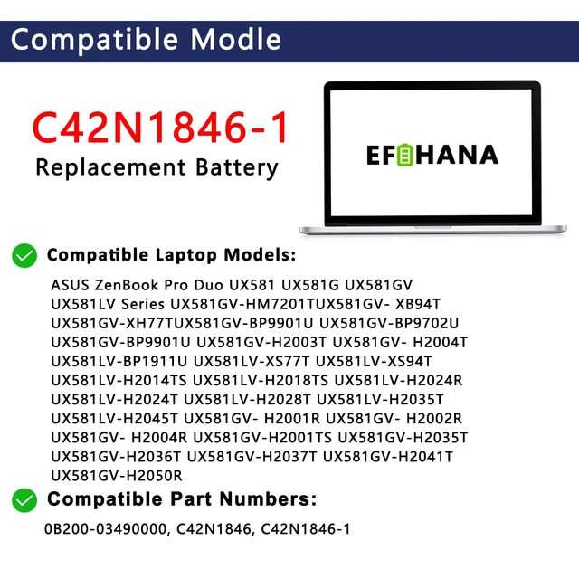 Alt view image 3 of 7 - C42N1846-1 C42N1846 Laptop Battery Replacement for Asus ZenBook Pro Duo UX581GV UX581LV UX581GV-XB74T UX581GV-H2001T UX581GV-H2001R UX581LV-H2002R Series 0B200-03490000 15.4V 62Wh 4038mAh