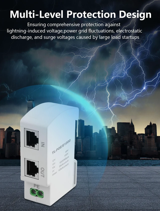 Alt view image 3 of 7 - Ethernet Surge Protector Gigabit PoE DIN Rail RJ45 Network Surge Protector LAN Network CAT5/CAT6 Thunder Arrestor for Surveillance Systems 5V / PoE 48V (36mm DIN-Rail mounting)