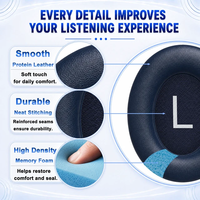 Alt view image 5 of 7 - Replacement Ear Pads for Bose NC700 Wireless Headphones-Black (Blue) Extra-Thick and Durable Cushion, Soft Protein Leather and Slow-rebound Memory Foam for Long-Lasting Comfort, Easy to Replace