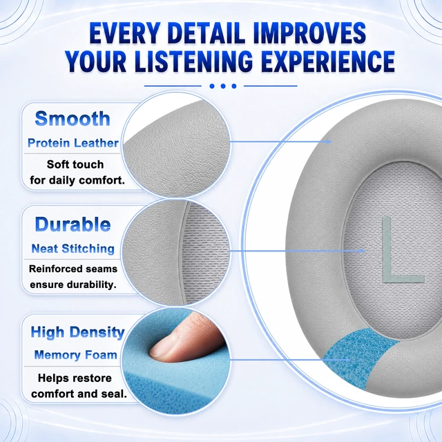 Alt view image 5 of 7 - Replacement Ear Pads for Bose NC700 Wireless HeadphonesGray Extra-Thick and Durable Cushion, Soft Protein Leather and Slow-rebound Memory Foam for Long-Lasting Comfort, Easy to Replace