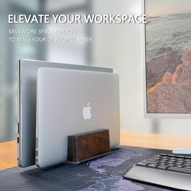Alt view image 6 of 7 - Vertical Laptop Stand for Desk - Laptop Holder for MacBook and Other Laptops - Wooden Office Desk Accessories