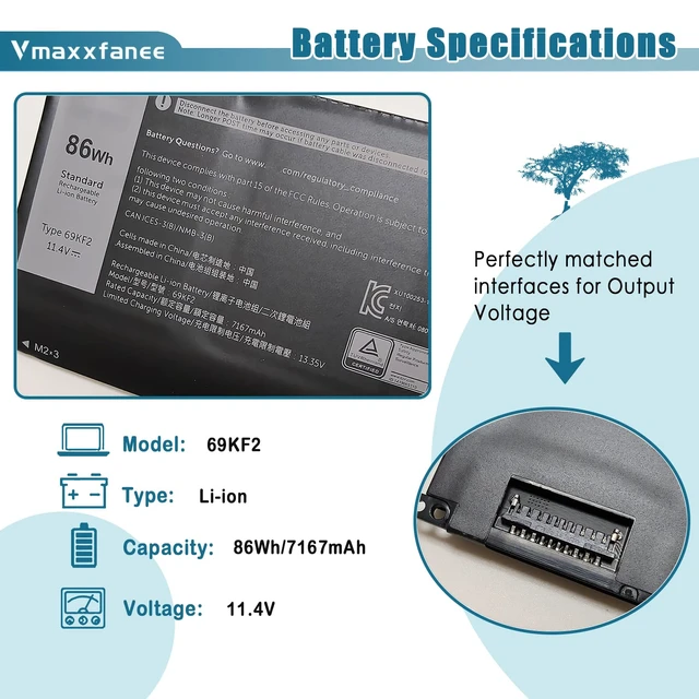 Alt view image 2 of 7 - 69KF2 86Wh Laptop Battery Replacement for Dell Precision 5560 5550 XPS 15 9500 9510 Alienware M17(R3 R4) M15 (R3 R4 R5 R6 R7) Vostro 7510 7610 Series 7167mAh