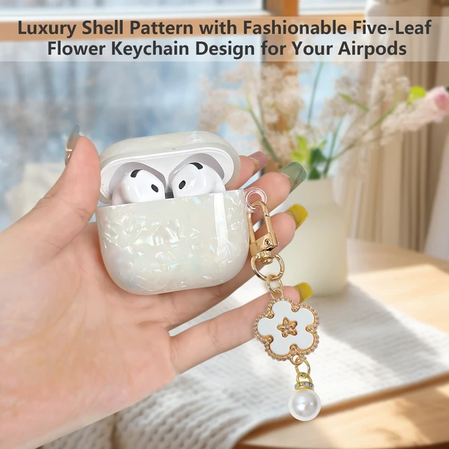 Alt view image 2 of 7 - for Airpods 4 Case Glitter Shell,Cute Luxury Shell Pattern Soft TPU Airpods 4th Generation Case Cover with Girly Five-leaf Shell Flower Pearl Keychain&Cleaning Pen Women Girls-Beige