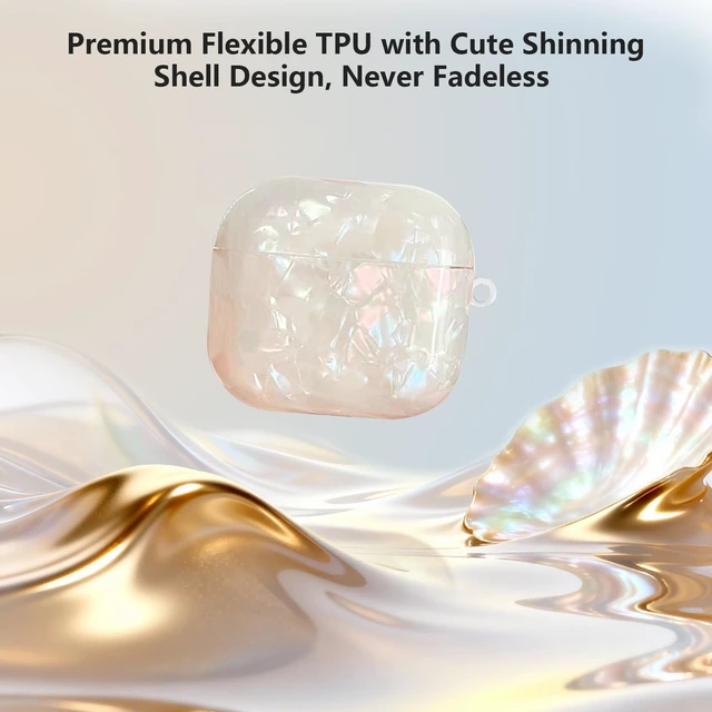 Alt view image 3 of 7 - for Airpods 4 Case Glitter Shell,Cute Luxury Shell Pattern Soft TPU Airpods 4th Generation Case Cover with Girly Five-leaf Shell Flower Pearl Keychain&Cleaning Pen Women Girls-Beige