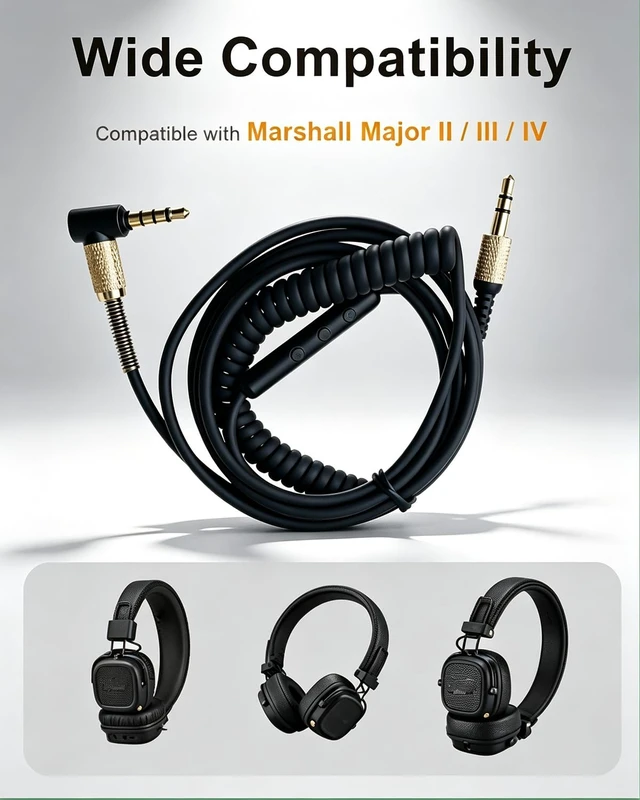 Alt view image 2 of 7 - Replacement Audio Cable for Marshall Monitor II Headphones for Major 2 II 3 III 4 IV Headphones, Volume Control, 3.5mm Male to Male, 4.2ft, Black