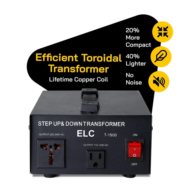 Alt view image 3 of 7 - T Series 1500+ Watt Voltage Converter Transformer - Step Up/Down - 110v to 220v / 220v to 110v Power Converter - Circuit Breaker Protection, CE Certified
