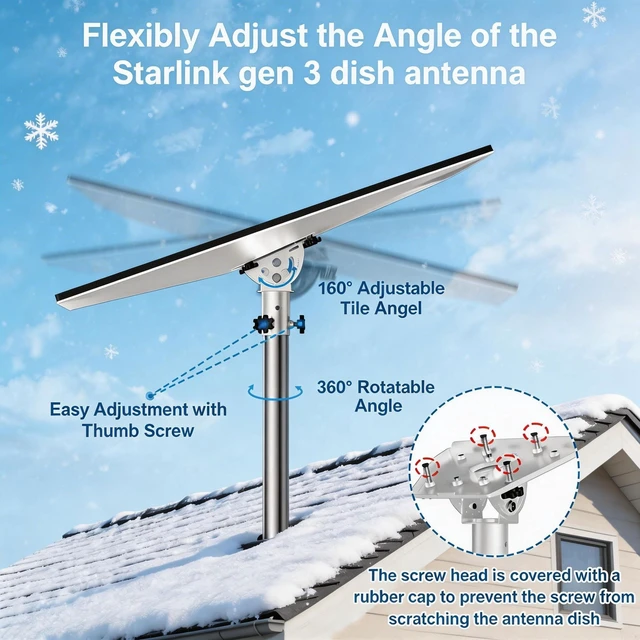 Alt view image 5 of 7 - Starlink Roof Mount, 160° Tilt Adjustable, for Standard 4/4x/Gen 3 14-inch Heavy-Duty 430 Stainless Steel Pole + Aluminum Adapter, Starlink Mounting Kit for 4,4x,Gen 3,Gen 4, Silver