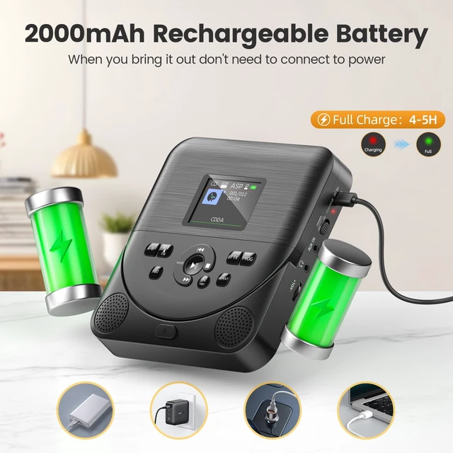 Alt view image 3 of 7 - Bluetooth CD Player Portable for Home Rechargeable with Speakers FM Transmitter Portable CD Player for Car Support AUX IN Anti-Skip with Upgraded Screen