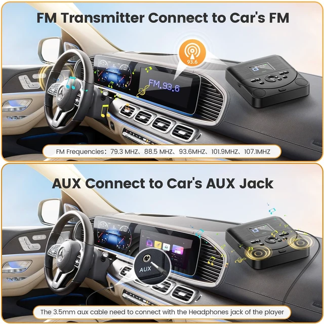 Alt view image 4 of 7 - Bluetooth CD Player Portable for Home Rechargeable with Speakers FM Transmitter Portable CD Player for Car Support AUX IN Anti-Skip with Upgraded Screen