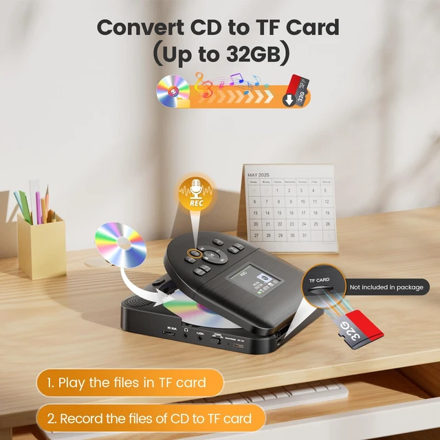 Alt view image 6 of 7 - Bluetooth CD Player Portable for Home Rechargeable with Speakers FM Transmitter Portable CD Player for Car Support AUX IN Anti-Skip with Upgraded Screen