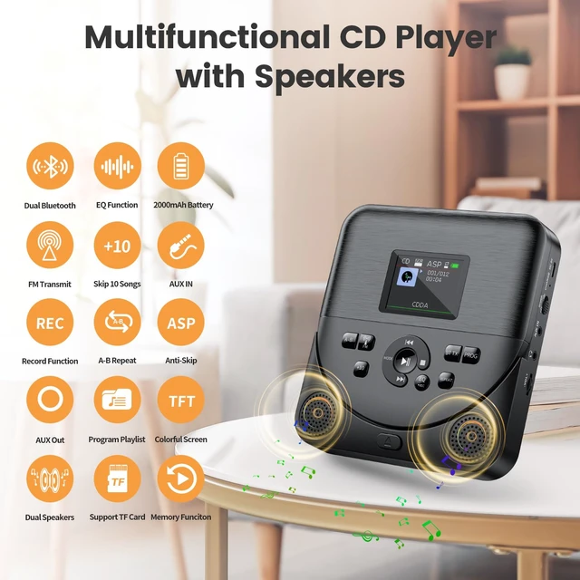 Alt view image 5 of 7 - Bluetooth CD Player Portable for Home Rechargeable with Speakers FM Transmitter Portable CD Player for Car Support AUX IN Anti-Skip with Upgraded Screen