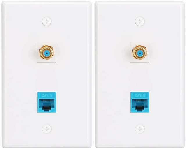 Main image of Ethernet Coax Wall Plate, 3GHz, 2 Pack Includes CAT6 Keystone Coupler and 3GHz Gold Plated Coax Keystone Jack; F Type Port Wall Plate