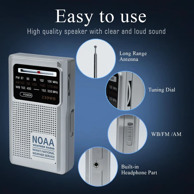 Alt view image 4 of 6 - NOAA Weather Radio Portable Radio, Best Reception, AM FM Transistor Radio for Mowing, Jogging, Cycling, Gardening, Powered by 2 AA Battery