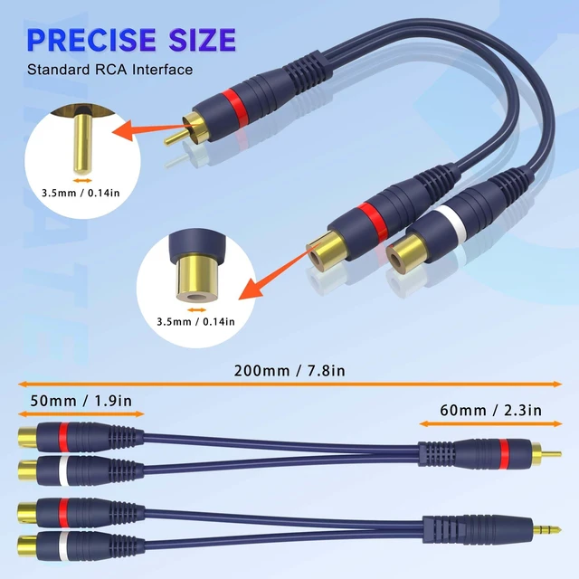 Alt view image 2 of 7 - RCA Y Splitter Cable RCA Y Adapter Male to Female 3.5mm Jack AV Audio Cable Extension Cord, 24K Gold-Plated Cinch Connector for Subwoofer, Speaker, Hi-Fi Systems (15cm R-CA Cables, 4Pack)