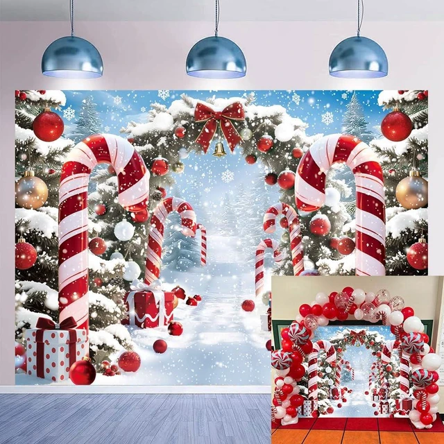 Main image of Christmas Cane Candy Backdrop 8x6FT Winter Snow Scene Merry Christmas Photography Background Winter Xmas Holiday New Year Eve Party Decorations Photo Props
