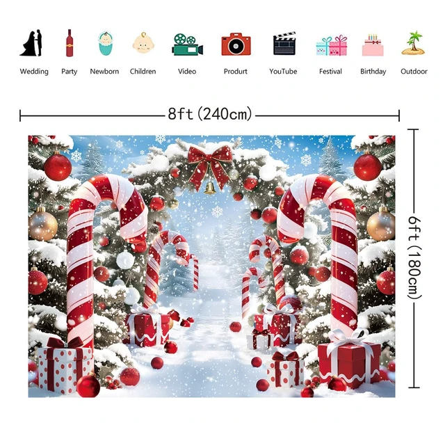 Alt view image 6 of 7 - Christmas Cane Candy Backdrop 8x6FT Winter Snow Scene Merry Christmas Photography Background Winter Xmas Holiday New Year Eve Party Decorations Photo Props