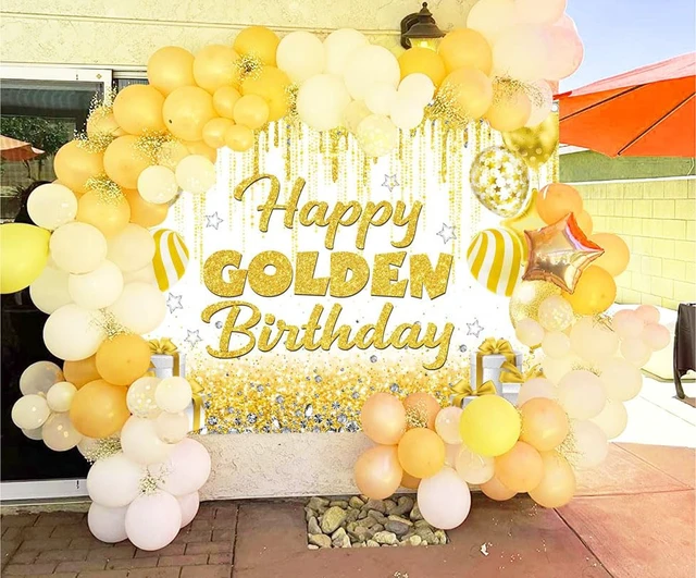 Alt view image 2 of 7 - Happy Golden Birthday Backdrop Gold White Shining Birthday Photography Background Golden Party Decorations Banner Booth Props (8x6FT(94 x 70 inch))