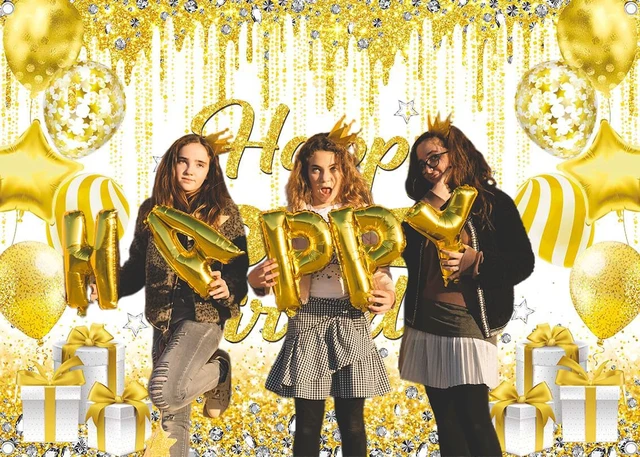 Alt view image 3 of 7 - Happy Golden Birthday Backdrop Gold White Shining Birthday Photography Background Golden Party Decorations Banner Booth Props (8x6FT(94 x 70 inch))