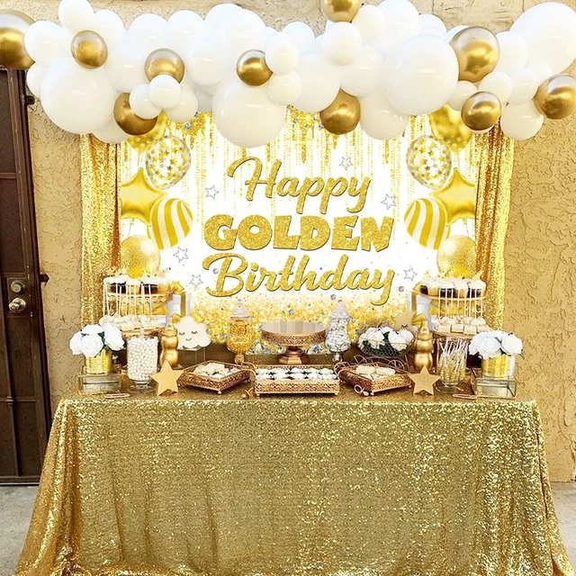 Alt view image 4 of 7 - Happy Golden Birthday Backdrop Gold White Shining Birthday Photography Background Golden Party Decorations Banner Booth Props (8x6FT(94 x 70 inch))