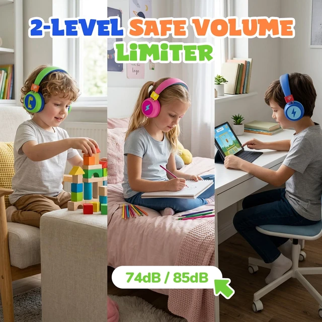 Alt view image 3 of 7 - Kids Bluetooth Headphones with mic, 74/85dB Limited, 60H Playtime Fast charging, Bluetooth 5.4, foldable over-ear, AUX for iPad, tablet, airplane, Wireless headphones for kids, Flare Series
