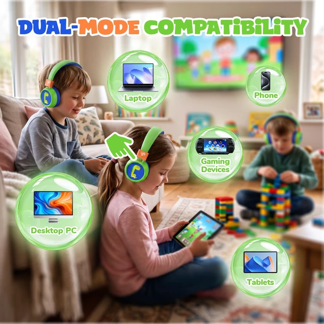 Alt view image 6 of 7 - Kids Bluetooth Headphones with mic, 74/85dB Limited, 60H Playtime Fast charging, Bluetooth 5.4, foldable over-ear, AUX for iPad, tablet, airplane, Wireless headphones for kids, Flare Series