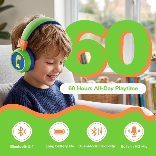 Alt view image 2 of 7 - Kids Bluetooth Headphones with mic, 74/85dB Limited, 60H Playtime Fast charging, Bluetooth 5.4, foldable over-ear, AUX for iPad, tablet, airplane, Wireless headphones for kids, Flare Series