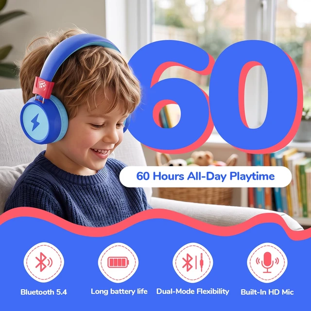 Alt view image 2 of 7 - Kids Bluetooth Headphones with mic, 74/85dB Limited, 60H Playtime Fast charging, Bluetooth 5.4, foldable over-ear, AUX for iPad, tablet, airplane, Wireless headphones for kids, Flare Series