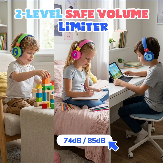 Alt view image 3 of 7 - Kids Bluetooth Headphones with mic, 74/85dB Limited, 60H Playtime Fast charging, Bluetooth 5.4, foldable over-ear, AUX for iPad, tablet, airplane, Wireless headphones for kids, Flare Series