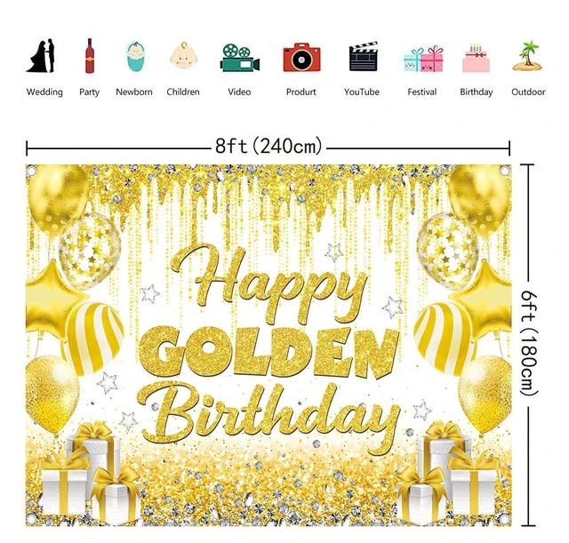 Alt view image 6 of 7 - Happy Golden Birthday Backdrop Gold White Shining Birthday Photography Background Golden Party Decorations Banner Booth Props (8x6FT(94 x 70 inch))