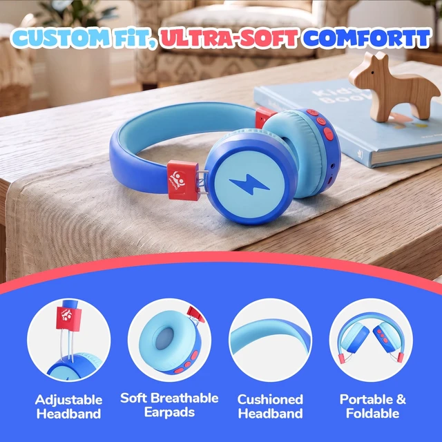 Alt view image 4 of 7 - Kids Bluetooth Headphones with mic, 74/85dB Limited, 60H Playtime Fast charging, Bluetooth 5.4, foldable over-ear, AUX for iPad, tablet, airplane, Wireless headphones for kids, Flare Series