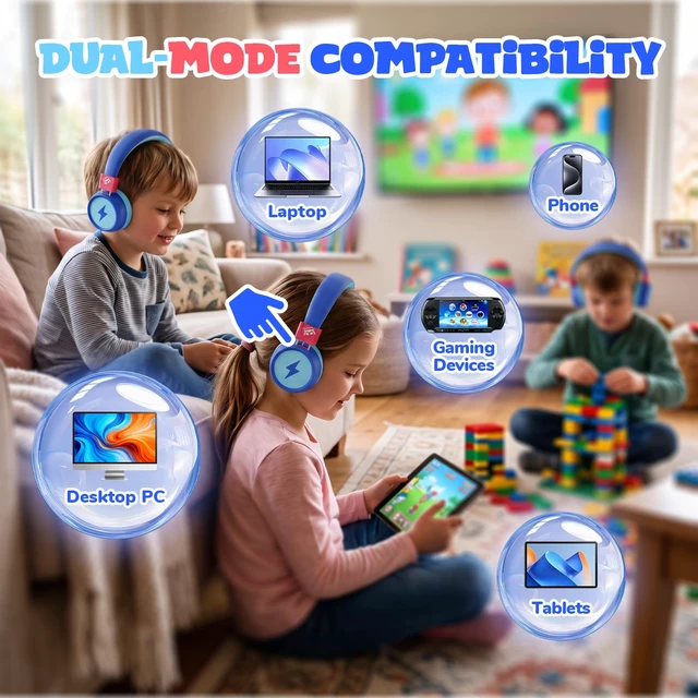 Alt view image 6 of 7 - Kids Bluetooth Headphones with mic, 74/85dB Limited, 60H Playtime Fast charging, Bluetooth 5.4, foldable over-ear, AUX for iPad, tablet, airplane, Wireless headphones for kids, Flare Series