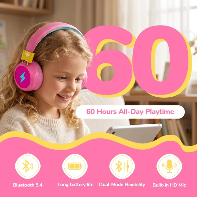 Alt view image 2 of 7 - Kids Bluetooth Headphones with mic, 74/85dB Limited, 60H Playtime Fast charging, Bluetooth 5.4, foldable over-ear, AUX for iPad, tablet, airplane, Wireless headphones for kids, Flare Series