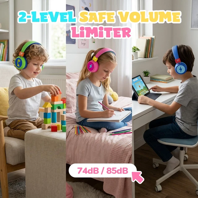 Alt view image 3 of 7 - Kids Bluetooth Headphones with mic, 74/85dB Limited, 60H Playtime Fast charging, Bluetooth 5.4, foldable over-ear, AUX for iPad, tablet, airplane, Wireless headphones for kids, Flare Series