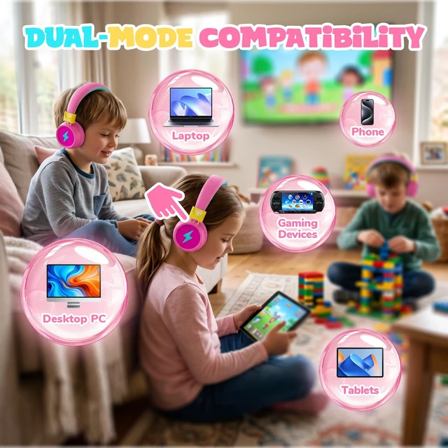 Alt view image 6 of 7 - Kids Bluetooth Headphones with mic, 74/85dB Limited, 60H Playtime Fast charging, Bluetooth 5.4, foldable over-ear, AUX for iPad, tablet, airplane, Wireless headphones for kids, Flare Series