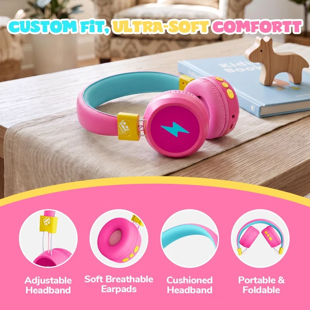 Alt view image 4 of 7 - Kids Bluetooth Headphones with mic, 74/85dB Limited, 60H Playtime Fast charging, Bluetooth 5.4, foldable over-ear, AUX for iPad, tablet, airplane, Wireless headphones for kids, Flare Series