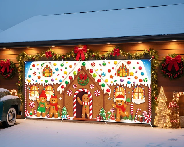 Alt view image 5 of 7 - 6 x 13 ft Christmas Garage Door Banner Decoration Magnetic Double Garage Door Covers Large Xmas Backdrop Decorations for Holiday Outdoor Indoor Party Decor(Gingerbread House)
