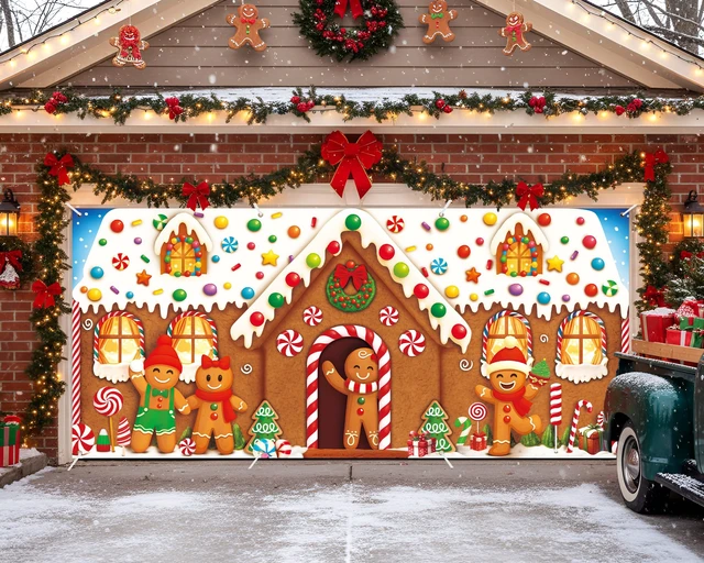 Alt view image 4 of 7 - 6 x 13 ft Christmas Garage Door Banner Decoration Magnetic Double Garage Door Covers Large Xmas Backdrop Decorations for Holiday Outdoor Indoor Party Decor(Gingerbread House)