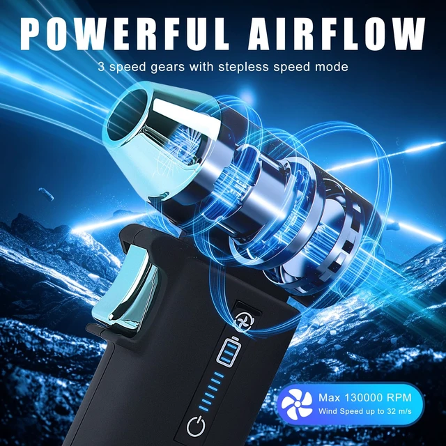 Alt view image 2 of 7 - 130000RPM Rechargeable Mini Air Blower & Vacuum with 3 Nozzles 3 Gears Adjustable and Stepless Control, Compressed Air Duster for Computer Keyboard Car and Outdoor Cleaning, Fast Charging