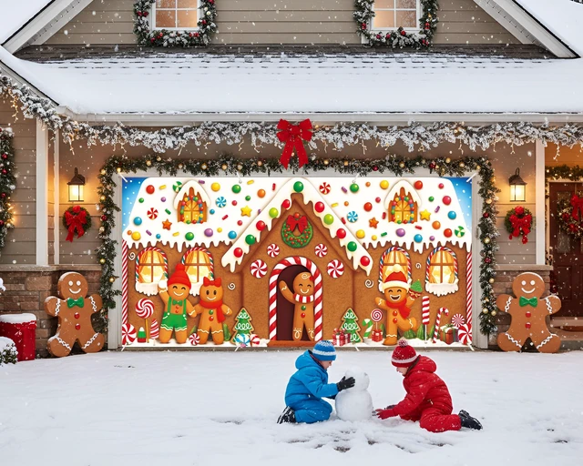 Alt view image 7 of 7 - 6 x 13 ft Christmas Garage Door Banner Decoration Magnetic Double Garage Door Covers Large Xmas Backdrop Decorations for Holiday Outdoor Indoor Party Decor(Gingerbread House)