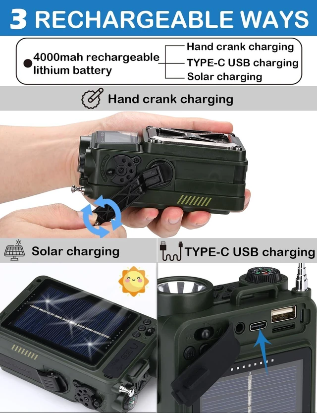 Alt view image 4 of 7 - Shortwave Radio with Bluetooth, AM/FM/SW/NOAA Weather Emergency Radios, Hand Crank/Solar/4000mAh/SOS/White Noise/Bass/Flashlight/Retro Receiver with Preset, Support USB/TF ZWS-702X